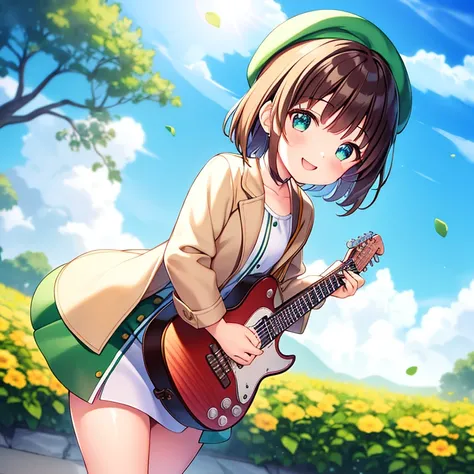 Sweet and cute chubby ,alone,,Chibi,Adorable,smile,Open your mouth,Floral,Exterior,Beautiful garden,The sun shines,Blue sky and white clouds,A flock of geese flying in the sky,play the guitar,music,beret,With a guitar,coat,Blush Lash,wood,Green Shirt,Long ...