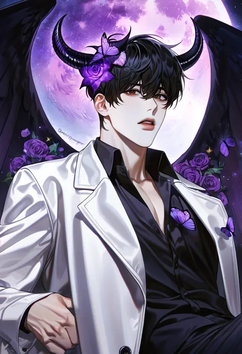 (absurdres, highres, ultra detailed, HDR) master piece, best quality, perfect face, Kim Dokja, black hair, expressive brown eyes, Omniscient readers viewpoint, solo, sexy man, handsome, white coat, black shirt, black pants, black horns, black angel wings, ...