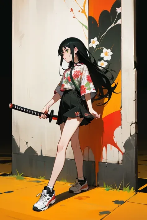 • 2934774106 a feminine girl, Full body,
-description: Loose long black hair, green eyes, (1.60 cm tall), 20 years old, 
-wearing: floral shirt, mini black skirt, printed sneakers, holding a katana with a red blade,
-background: facing the wall, graffiti,