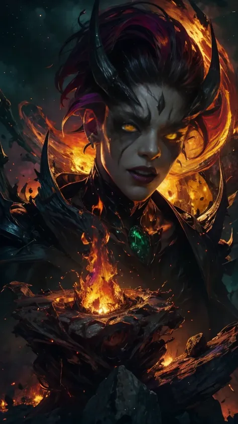 High view, high angle of camera, A beautiful and sexy queen of hell, anime style. walking through a dark, rotten and burnt Hades, showcasing the fiery green hair and thin black horns with incandescent cracks, black tears, golden ornament. Every space and b...