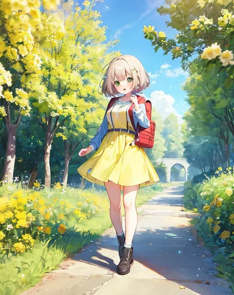 High resolution,Professional Lighting,Incredibly attractive girl with a backpack,Take an adorable puppy,Surrounded by beautiful yellow flowers and natural scenery、Enjoy a beautiful spring walk,Master Parts,highest quality, (Happy:1.4)