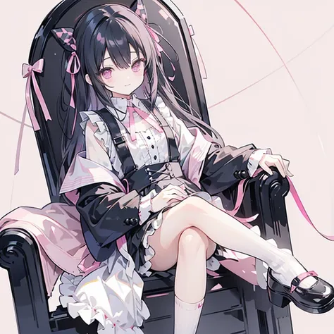 hair color is black　hair is straight　a thin pink ribbon on her head　pink and black gothic lolita　the socks are black with pink l...