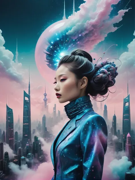 Step into a dreamscape where a high fashion model dons an avant-garde version of the Zhongshan suit by Yohji Yamamoto. This low angle view for V Magazine taken in a futuristic Shanghai skyline, demonstrates the visionary aesthetic of Pierre et Gilles, 4d s...