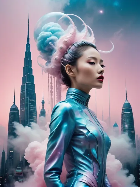 Step into a dreamscape where a high fashion model dons an avant-garde version of the Zhongshan suit by Yohji Yamamoto. This low angle view for V Magazine taken in a futuristic Shanghai skyline, demonstrates the visionary aesthetic of Pierre et Gilles, 4d s...