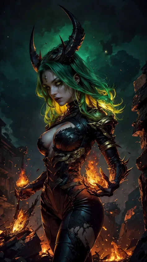 High view, high angle of camera, A beautiful and sexy queen of hell, anime style. walking through a dark, rotten and burnt Hades, showcasing the fiery green hair and thin black horns with incandescent cracks, black tears, golden ornament. Every space and b...