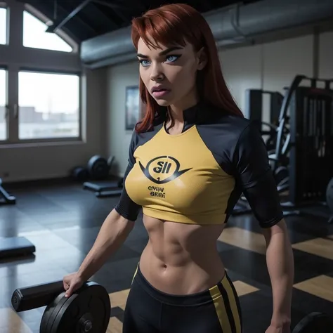 she's a young, 18 years old, beautiful, slender woman with short, vibrant red hair and bright blue eyes, dressed in fitted gym a...