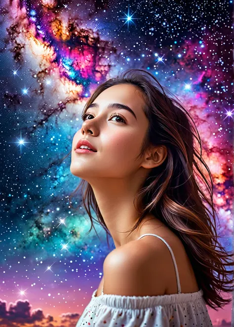 alto detalhe, super detalhe, super high resolution, girl enjoying her time in dream galaxy, rodeado de estrelas, luz quente polvilhada sobre ela, the background is a starry sky with colorful galaxies and galactic clouds, estrelas voando ao seu redor, rosto...