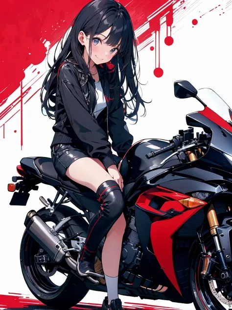 masterpiece, highest quality, High resolution, One Girl,old motorcycle、 alone, Girl with bangs、young woman、18-year-old、Long Hair、smile