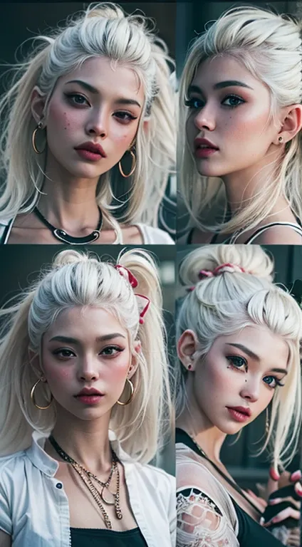 The prompts for the first theme are as follows:
"(Best Quality, 8K, 32K, masutepiece:1.3), Ultra-detailed, (Photorealistic:1.4), white colors, albino, Punk Girl, Detailed eyes, Upper body, Luxurious punk hair, Edgy punk fashion, Avant-garde makeup, Numerou...