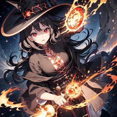 ((Black Hair　magic circle　Witch Hat　Red eyes　woman))　((explosion　Explosion　wand of flame　starのペンダント　fire　beam))　(Magic Robe　shine　star　Streaks of Light　Black Hole)　moon　彗star　incantation　Runes