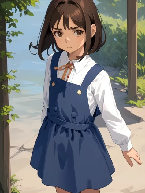 1girl, standing upright, (frorm front), medium brown hair, brown eyes, closed mouth, small breasts, flat chest, dark-blue pinafore dress,