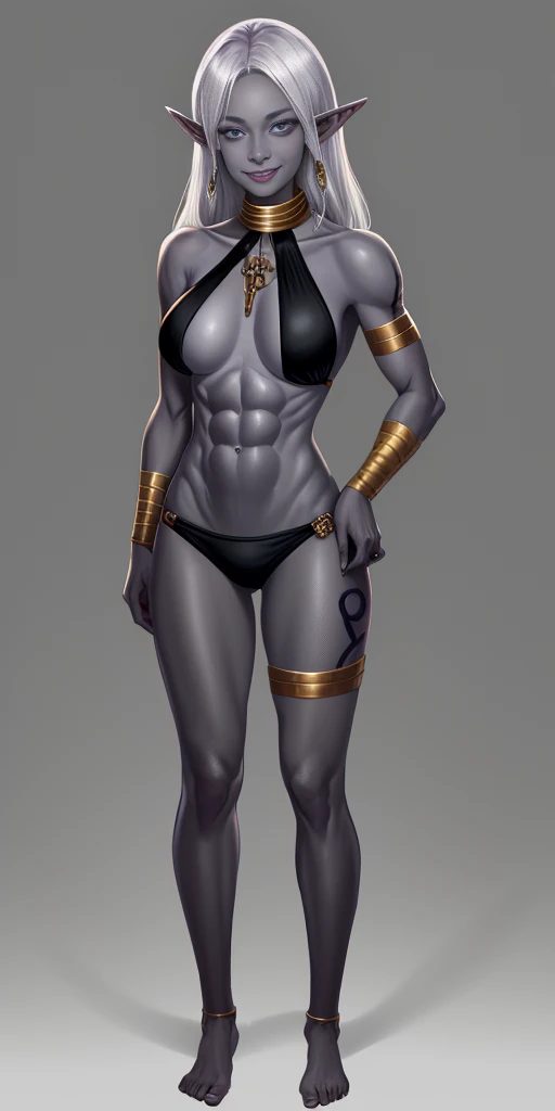 ((1girl)) full body, standing, grey skin, drow, elf, mature, detailed happy face, purple eyes, white hair, black bikini, abs, big knockers, golden chain collar, stomach tattoo (red tattoo)