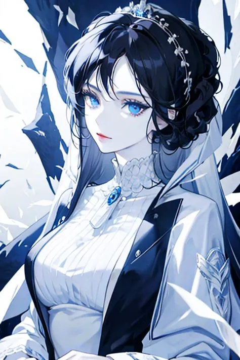 black haired woman, blue eyes, white victorian dress, white skin, elegant, royalty, young woman, alone, mature, beautiful