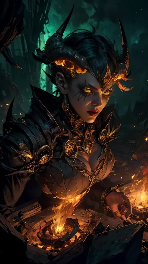 High view, high angle of camera, A beautiful and sexy queen of hell, anime style. walking through a dark, rotten and burnt Hades, showcasing the fiery green hair and thin black horns with incandescent cracks, black tears, golden ornament. Every space and b...