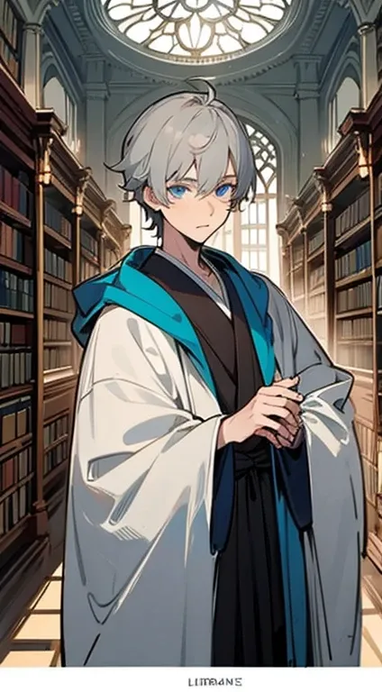 (medium portrait:0.7), (best illumination:1.1), (gray hair:1.1), (blue eyes:1.1), 1guy, adult male, librarian, looking at viewer, neutral look, gray robes, in the middle of library