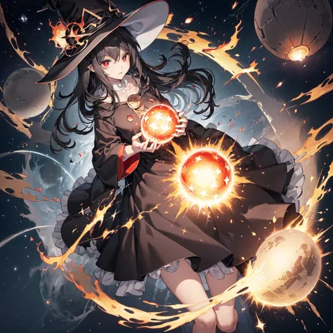 ((Black Hair　magic circle　Witch Hat　Red eyes))　((explosion　Explosion　book of magic　starのペンダント　Hold a ball of fire in front of your chest　fire　beam))　(Magic Robe　shine　star　Streaks of Light　Black Hole)　moon　彗star　incantation　Runes　cool