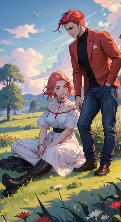 A man and a woman are sitting in a meadow of red flowers, sunset, Irish Man, Campo florescente, Dandelion floating in the wind, estilo romance, garoto e mulher, flores vermelhas, garoto de jaqueta de couro e causa jeans, Flying dandelion