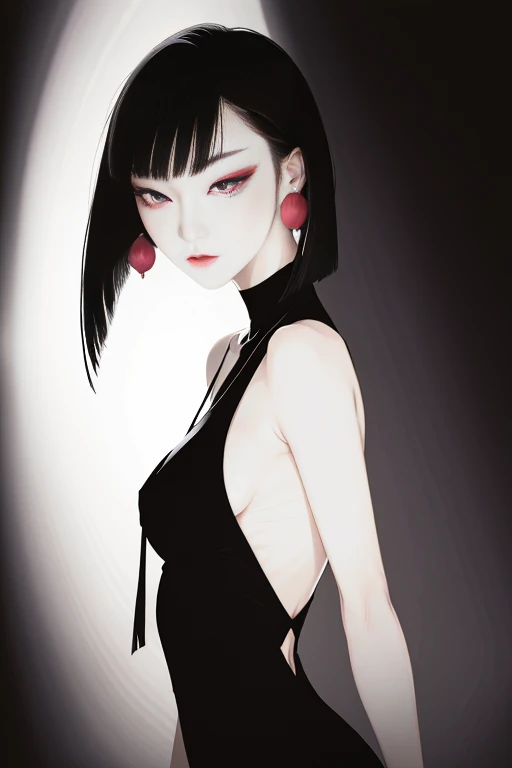 tsuruta ichiro, Narrow-eyed, 1girl in, Allback、deadpan、short-hair、shorth hair、brow、Reluctance、A dark-haired、Tucked Hair Solo, Cowgirl, Onepiece,  ((mideum breasts)),  Thin slit eyes、Black eyes, Light shines on the eyes、Black hair, gloves, Dress,  Luxurious...