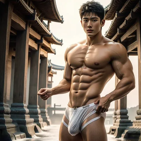 1 handsome Chinese guy，wet body, wet hair, 18-year-old male high school student，majestic，Who is Shi Yu?, Li Yuanbin, Kim Hyung Tae, Kim Hyung Tae, Yin Shishan, Wang Yi Bao, Handsome Chinese muscular guy，Broad shoulders and narrow waist，A handsome guy weari...