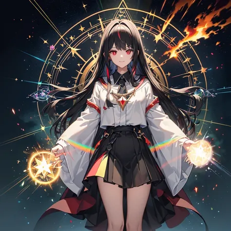 ((Black Hair　Rainbow-colored light emitted from the magic circle　Triangular Cap　Red eyes　woman))　((explosion　Explosion　book of magic　starのペンダント　beam))　(Magic Robe　shine　star　Streaks of Light　Black Hole)　moon　彗star　incantation　Runes　cool　Fantasy　smile