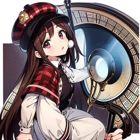 Brown Checkered Beret、A cape with the same pattern as the hat、White shirt and shorts with the same pattern as the hat、magnifying glass、Detective、A composition in which the magnifying glass is held close to the viewer, making the viewer&#39;s eyes appear la...