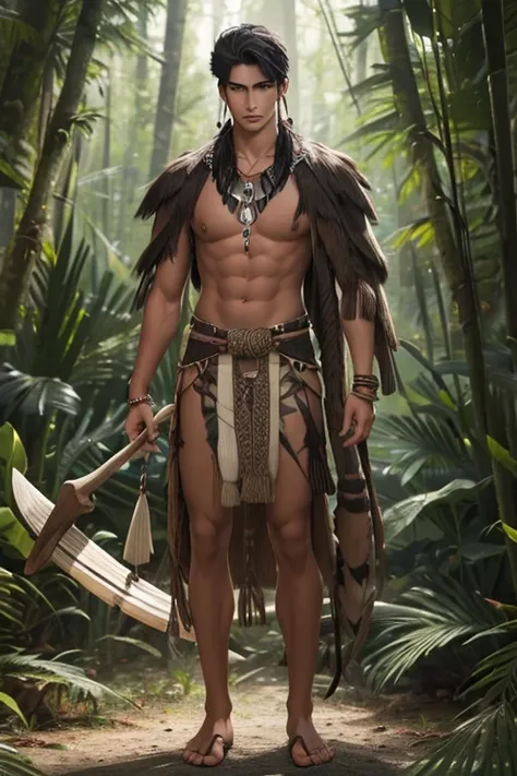 Full Body photorealistic 1 boy,Handsome，tall and strong,perfect male figure, eyes looking at camera, ((tanned skin)),forest，（primitive），naked feather hair accessories，Antler cap，Tribal totem，((Painted))，hide，black hair,serious expression,((animal bone neck...