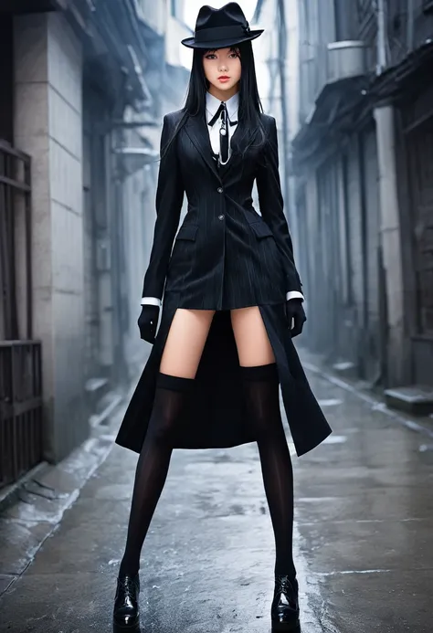 Make a picture of a beautiful anime girl with a tall body of 143 and wearing long black socks and a sharp gaze and wearing high shoes and dressed in mafia clothes. 