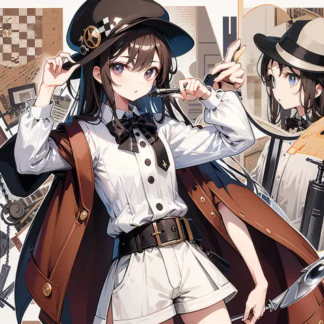 Brown Checkered Beret、A cape with the same pattern as the hat、White shirt and shorts with the same pattern as the hat、magnifying glass、Detective、A composition in which the magnifying glass is held close to the viewer, making the viewer&#39;s eyes appear la...