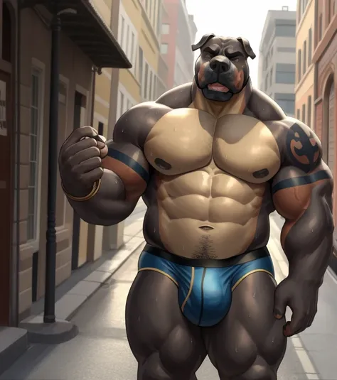 solo, anthro (Neapolitan mastiff, cane corso), full ears, brown and gray skin, detailed eyes,Street: 1.6, sweat, heavy breathing: 1.5, correct anatomy, biceps, (muscular) thin, tattoo, veins all over the body, street background and parked antique cars, 8k ...