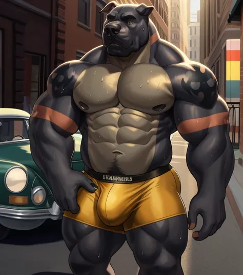 solo, anthro (Neapolitan mastiff, cane corso), full ears, brown and gray skin, detailed eyes,Street: 1.6, sweat, heavy breathing: 1.5, correct anatomy, biceps, (muscular) thin, tattoo, veins all over the body, street background and parked antique cars, 8k ...