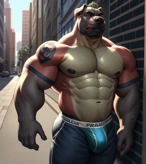 solo, anthro (Neapolitan mastiff, cane corso), full ears, brown and gray skin, detailed eyes,Street: 1.6, sweat, heavy breathing: 1.5, correct anatomy, biceps, (muscular) thin, tattoo, veins all over the body, street background and parked antique cars, 8k ...