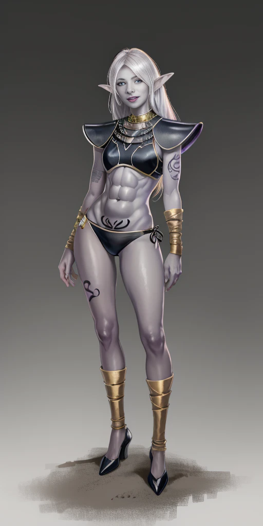 ((1girl)) full body, standing, grey skin, drow, elf, mature, detailed happy face, purple eyes, white hair, black bikini, abs, big knockers, golden chain collar, stomach tattoo (red tattoo)