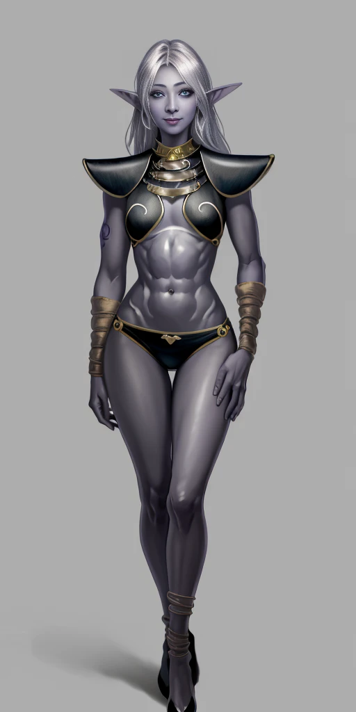 ((1girl)) full body, standing, grey skin, drow, elf, mature, detailed happy face, purple eyes, white hair, black bikini, abs, big knockers, golden chain collar, stomach tattoo (red tattoo)