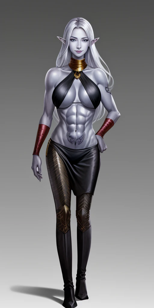 ((1girl)) full body, standing, grey skin, drow, elf, mature, detailed happy face, purple eyes, white hair, black bikini, abs, big knockers, golden chain collar, stomach tattoo (red tattoo)