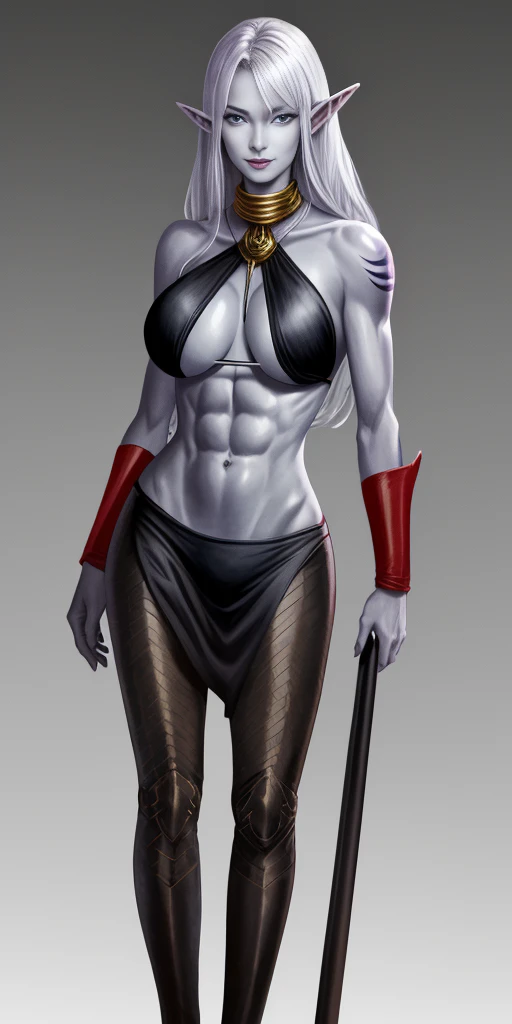 ((1girl)) full body, standing, grey skin, drow, elf, mature, detailed happy face, purple eyes, white hair, black bikini, abs, big knockers, golden chain collar, stomach tattoo (red tattoo)