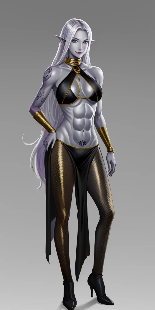 ((1girl)) full body, standing, grey skin, drow, elf, mature, detailed happy face, purple eyes, white hair, black bikini, abs, big knockers, golden chain collar, stomach tattoo (red tattoo)