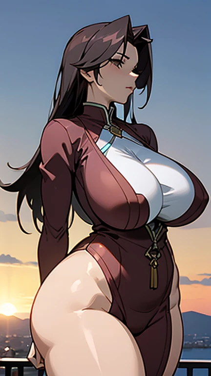 Game CG, landscape/landscape, Sky, Sunset, Mature female, adult lady like woman, Large Breasts, [特写cleveage]]]]Huge long saggy breasts, cleveage, The chest is more exposed，Thick thighs、