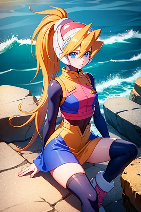 ciel_megamanz, 1girl, solo, long hair, blue eyes, blonde hair, ponytail, headgear, masterpiece, high quality, overlooking the ocean on the edge of a rock, in the style of avian-themed, realistic yet stylized, villagecore, azure, orange and azure, dragoncor...