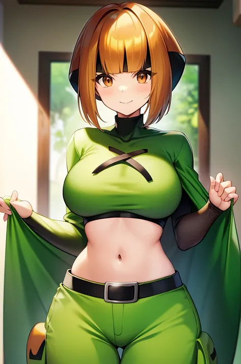 masterpiece、highest quality、Pokémon、nathan、Colossal breasts mature woman、Colossal breasts mature woman、colorful hair、green capellet、（（（green cape）））+++、（（（green cape）））+++、（（（green cape）））+++、black shirt、long sleeve、abdomen、belt、orange shorts、big breasts、U...