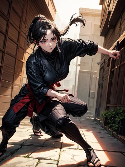 A Japanese ninja woman sneaks into a mansion to carry out a mission, is spotted by a guard and prepares for battle, A Japanese ninja woman, sneaking into a mansion to carry out a mission, in a fighting stance in the mansions garden, with a dagger drawn, in...