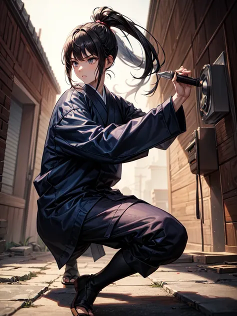 A Japanese ninja woman sneaks into a mansion to carry out a mission, is spotted by a guard and prepares for battle, A Japanese ninja woman, sneaking into a mansion to carry out a mission, in a fighting stance in the mansions garden, with a dagger drawn, in...