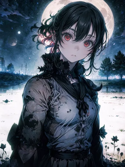 (kyle thompson:1.3), anime-style, girl, abandoned park, black roses, death symbol, moonlight, depth, shallow focus, cross shadow...