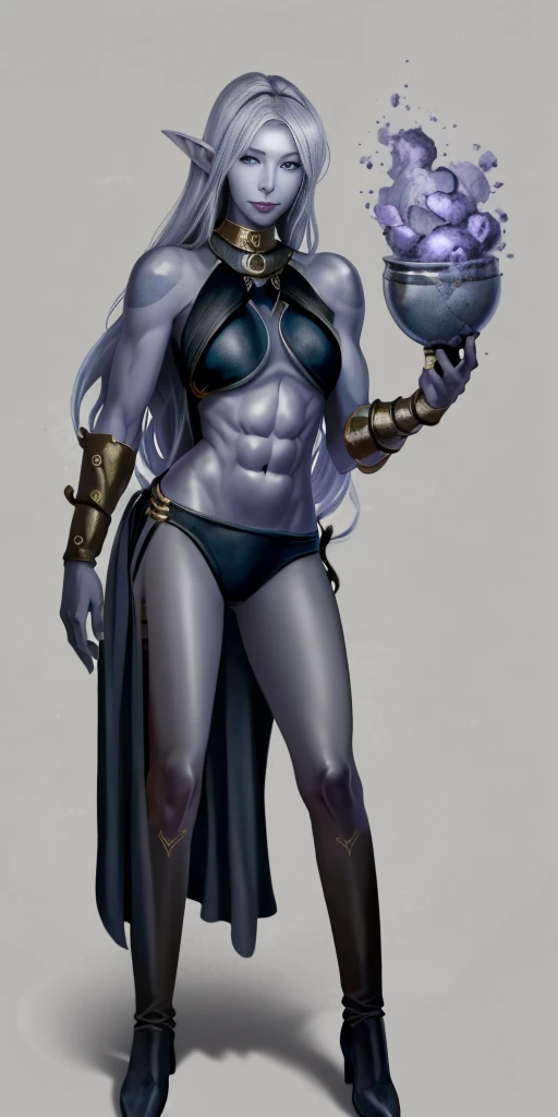 ((1girl)) full body, standing, grey skin, drow, elf, mature, detailed happy face, purple eyes, white hair, black bikini, abs, big knockers, golden chain collar, stomach tattoo (red tattoo)