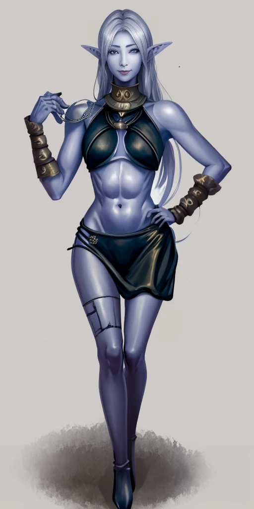 ((1girl)) full body, standing, grey skin, drow, elf, mature, detailed happy face, purple eyes, white hair, black bikini, abs, big knockers, golden chain collar, stomach tattoo (red tattoo)