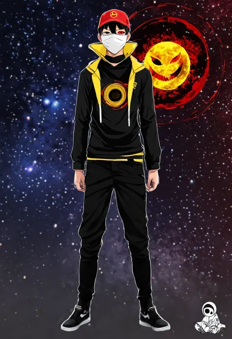 deliver, Universe, anime boy, cap, masked, asian boy, mask, shipper outfit, full body, assassin, cool boy, anime manga, anime drawings, The background behind is the Divine Entity,  sharp eyes, Vietnam shipper, The shirt is red with yellow trim,  In front o...