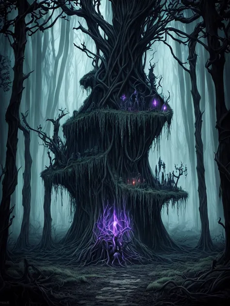 A variety of bizarre mythical creatures lurking in a dark and eerie forest, with twisted trees and glowing mushrooms (best quality, highres), surreal atmosphere, intense shadows and mist (dark, mysterious), creatures with grotesque features (macabre, eerie...