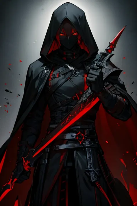 tall male figure, black hood, red eyes, glare from eyes, sword on back, black hoodie, straps on body, black darkness covering fa...