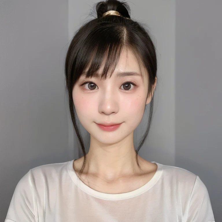 (kawaii 24 year-old Japanese girl, Nogizaka idol, Korean idol), (glossy black hair, high ponytail, short ponytail, bangs:1.3), (deep black eyes, rounded face, single eyelid, no makeup, soft smiling:1.2), (wearing white t-shirt:1.3), (extra small breasts:0....