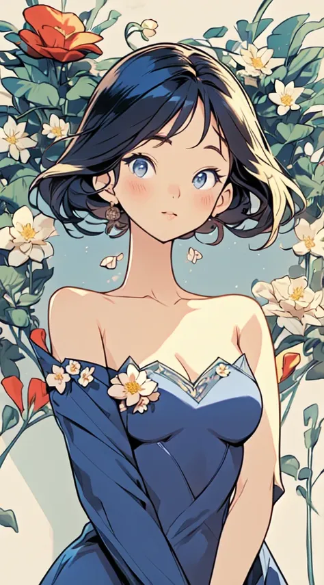 a woman in a navy blue dress standing in front of flowers,  beautiful comic art, beautiful alluring anime woman, beautiful anime woman