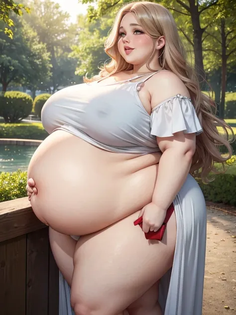 Fat pregnant polish model, wavy hair, blushed, happy,  light dress, Big lips, chubby body,bbw, morbidly obese, pregnant belly, weight gain, outdoor park